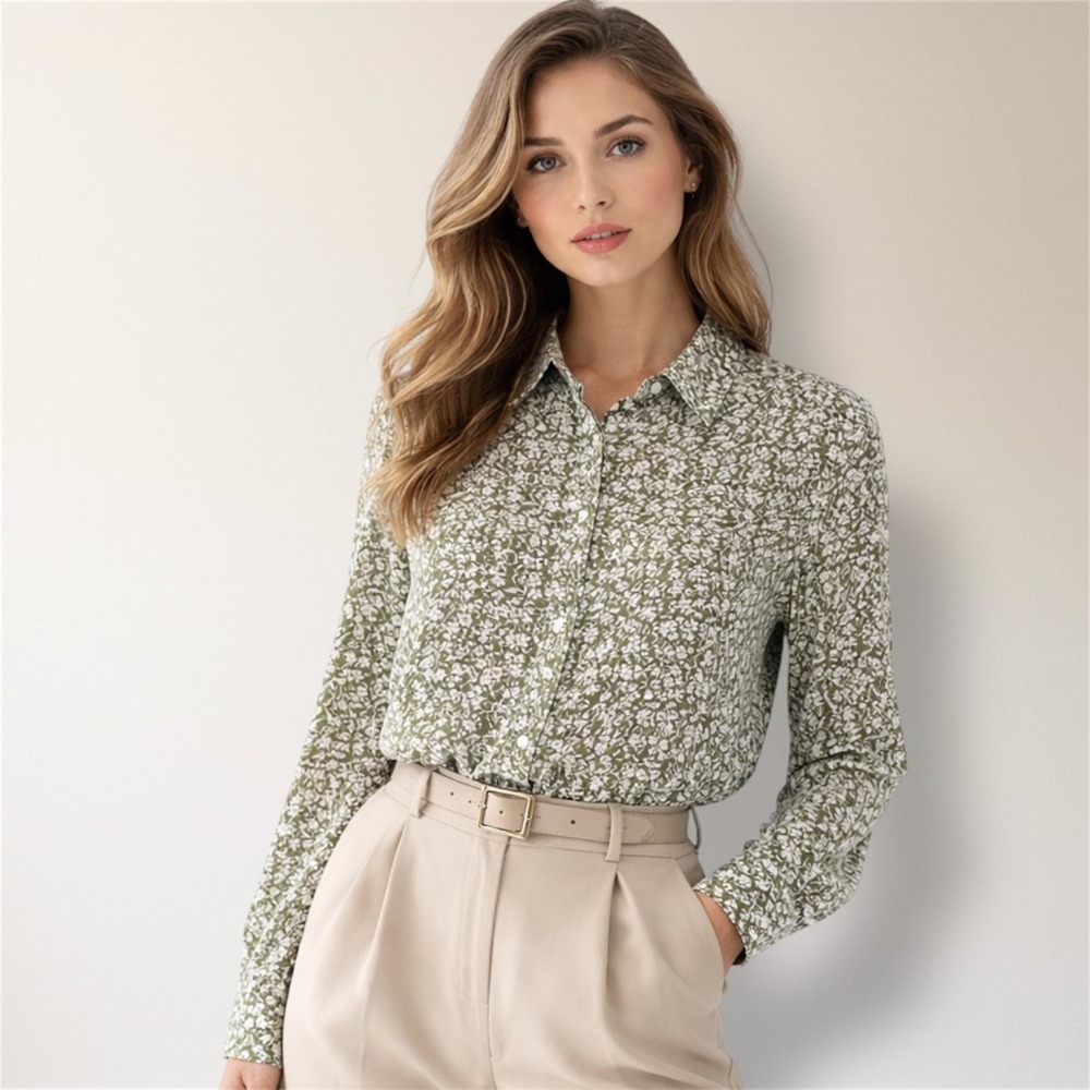 MNG Mango 8 Green Floral‎ Button Front Blouse Hi Low Long Sleeve Cottagecore